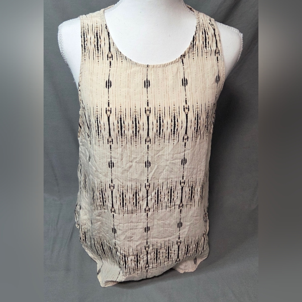 Cynthia Rowley Women’s Tank Top Small 100% Silk Beige Black Print Sleeveless